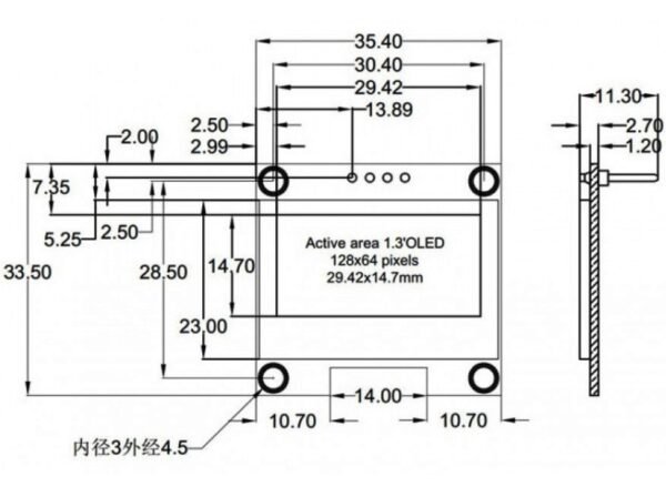 Display Lcd Oled Azul 128x64 1.3 Pulgada-Dimensiones